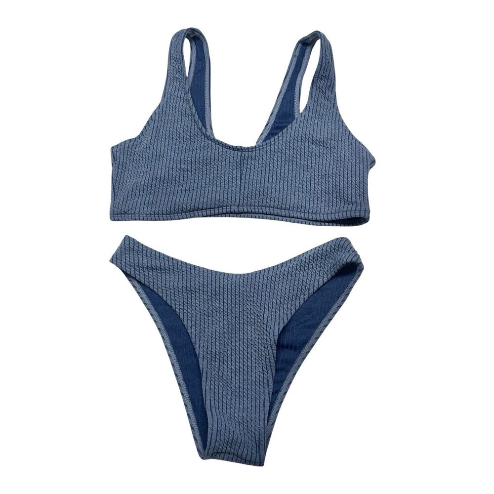 SHEIN Blue Crinkle Textured Bikini Size Small Blue Denim Like